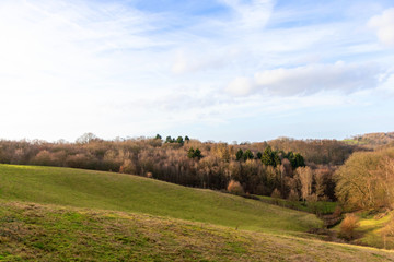 Neandertal bei Erkrath mit schönen Hügeln und herbstlichem Mischwald im Winter zeigt ein...