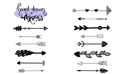 Arrow set illustration. Grunge Direct sketch hand drawn watercolor doodle. Graphic brush black arrows handmade element on white background, heart. Abstract sign collection pointer. Vintage lines.