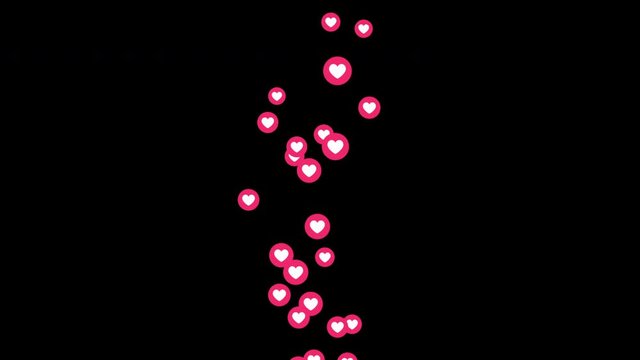Animation of social media love icons hearts rising from bottom at black screen background. A flow of red hearts render animation moving in middle of black mockup screen.