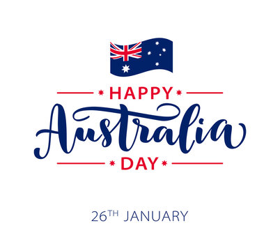 Happy Australia Day with stars and ribbon. Vector illustration Hand drawn text lettering for Australia day. Script. Calligraphic design for print greetings card, sale banner, poster. Colorful