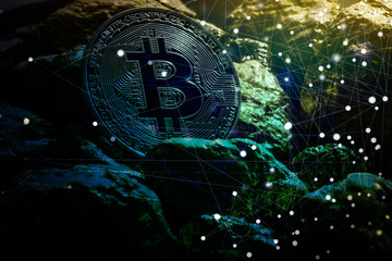 Golden bitcoin coin and mound of gold bitcoin cryptocurrency business concept