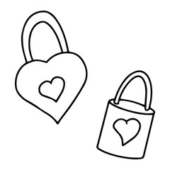 Vector illustration Hand-drawn two padlocks with hearts. Black and white contour design element for valentines day. The object is isolated on a white background.