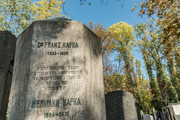 Kafka’s tombstone in Prague, Czech Republic. Grave of famous writer in the Jewish Cemetery in Prague