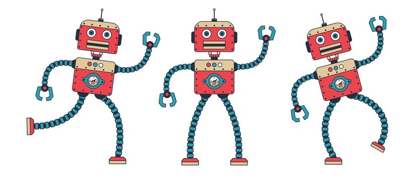 Funny Retro Robot Dancing. Steampunk Cartoon Vintage Red Cyborg Poses. Vector Illustration.