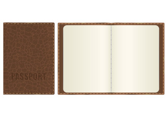 open passport in leather brown cover and closed. clean template for document design