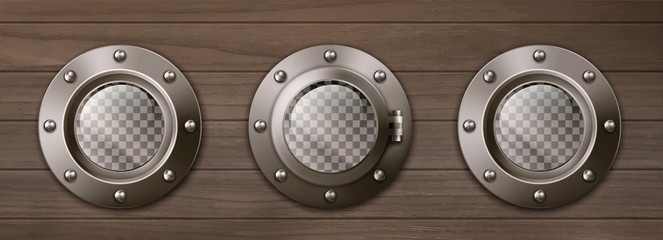 Transparent ship portholes on wooden wall. Vector realistic background of shipboard interior with metal brass round windows illuminators with rivets