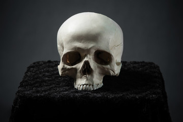 Skull lying on the altar in the dark on a black background.
