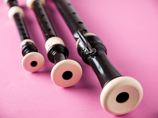 closeup of baroque flutes or recorders isolated on pink background © Novodiastock