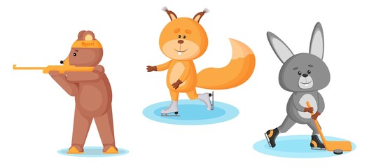 Set of winter sports. Biathlon, figure skating, hockey. Cute animal characters. Isolated on white background.