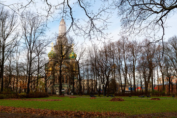 Saint-Petersburg, Russia. Church of the Savior on Spilled Blood, view from the Mikhailovsky Garden. Cathedral of the Resurrection of Christ. St. Petersburg museums. Churches of Russian Orthodox.