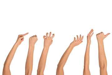 Multiple images set of female caucasian hand gestures isolated over white background.