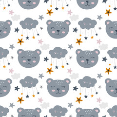 Bear face, sleepy animal seamless background, nursery pattern design, vector illustration