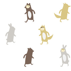 Pattern by cute Kids in carnaval costume. Masquerade. Funny characters animal bunny, bear, fox in scandinavian style. Front view and back view in pastel colors. seamless pattern for background