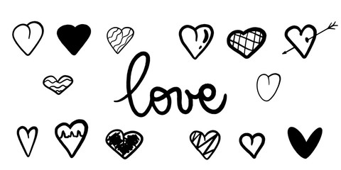 Heart. Hand drawn illustration set. Different black hearts with word Love lines. Perfect banner for print, postcard, poster, pattern, poker, texture, wedding invitation, textile. Coloring page