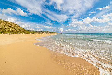 Fototapeta na wymiar Golden Beach the best beach of Cyprus, Karpas Peninsula, North Cyprus. Travel concept and idea. Beautiful tropical beach. Golden sands. North Cyprus, Golden Beach.