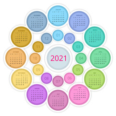 Colorful round calendar 2021 Calendar, Week Starts Sunday. Portrait Orientation. Set of 12 Months. Planner for 2021 Year.