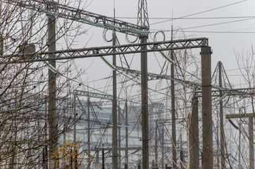 Cables and modular suspension insulators for overhead power line. Transmission tower. Metal...