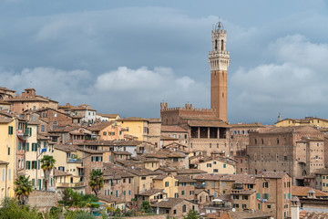 Fototapeta na wymiar Medieval town Siena skyline view with historic buildings and Town Hall Bell Tower in Italy