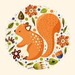 Squirrel cute forest illustration in a flat style. Funny woodland art. Ornate vintage vector illustration with floral botanical elements.