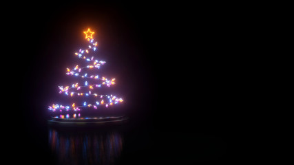 Christmas Tree Shape With Decorations Glowing Lights Isolated On The Black Background - 3D Illustration