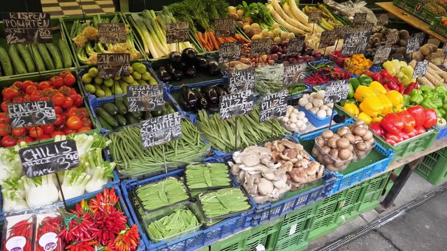 Market Stall with Assorted Vegetables on Naschmarkt in Vienna