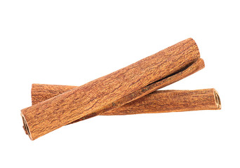 Two cinnamon sticks isolated on white background, front view.