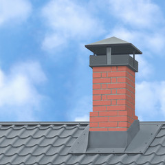 Red Brick Chimney Grey Steel Tile Roof Texture Gray Tiled Roofing Vertical Closeup. Modern Residential House Rooftop Tiles Textured Pattern. Bright Sunny Sky Summer Clouds Property Real Estate Concept