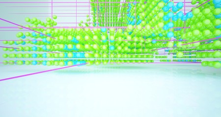 Abstract white interior from array colored spheres with window. 3D illustration and rendering.