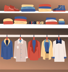Set of fashion collection of man wardrobe. Various male clothing - Set of men clothes and accessories icons. Flat style. Vector illustration