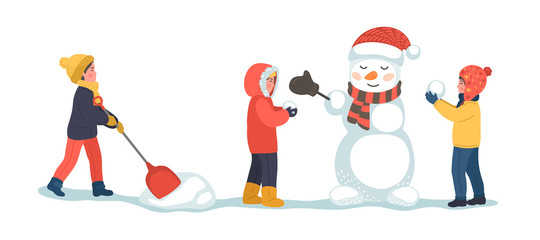 Children making snowman. Three kids playing with snowman on white background. Winter vector illustration.