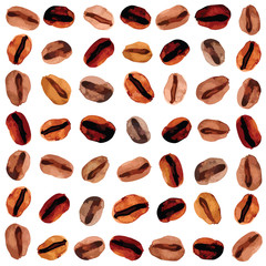 Vector watercolor style illustration of brown coffee grain beans pattern set