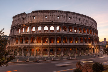 Rome Colosseum in the early twilight with illumunated, Italy