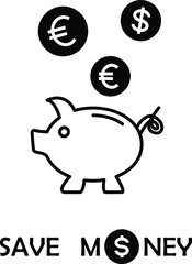Piggy bank with coin simple black icon, accumulation money symbol, vector illustration isolated on white background