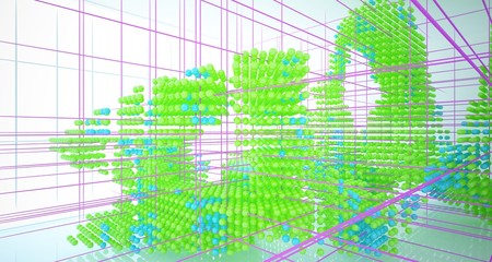 Abstract white interior from array colored spheres with window. 3D illustration and rendering.