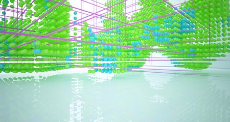 Abstract white interior from array colored spheres with window. 3D illustration and rendering.