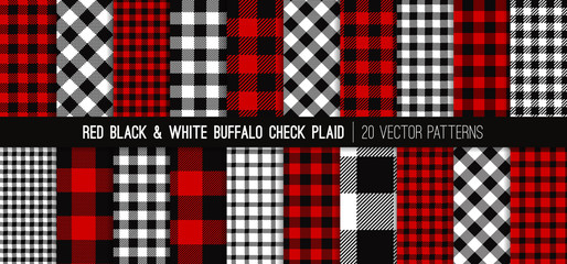 Christmas Red, White and Black Buffalo Check Plaid Vector Patterns. Set of 20 Lumberjack Flannel Shirt Fabric Textures. Rustic Xmas Backgrounds. Pattern Tile Swatches Included. - 310041165
