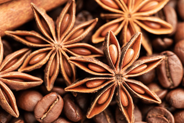 Cinnamon and star anise on the background of coffee beans.