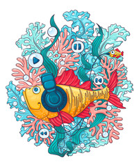 A fish in headphones swims among algae and corals and listens to music. Vector illustration on a white background.