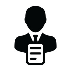 Person icon vector male profile avatar with document symbol in a glyph pictogram illustration