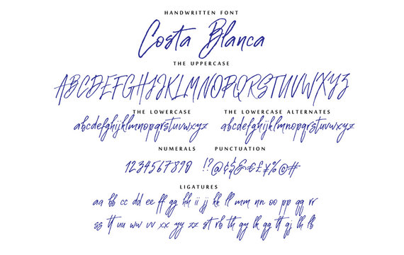 Handwritten script font vector alphabet Costa Blanca set