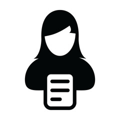 Avatar icon vector female person profile with document symbol in a glyph pictogram illustration