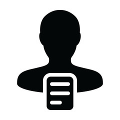 Data icon vector male person profile avatar with document symbol for business in a glyph pictogram illustration