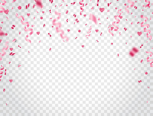 Happy Valentines Day background with pink confetti and glitter hearts. Falling shiny confetti. Bright festive tinsel. Party backdrop. Vector illustration