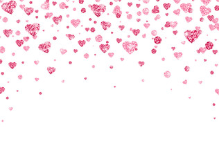 Glitter heart confetti falling on transparent background. Valentines Day background. Bright pink confetti for greeting cards, wedding invitation, gift packages. Vector illustration