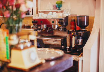 Espresso machine making coffee in pub, bar, restaurant