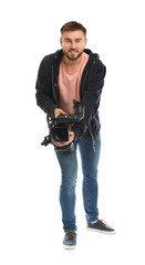 Fototapeta na wymiar Operator with professional video camera on white background