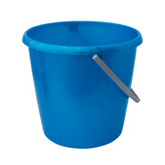 New, classic, plastic bucket. Light blue bucket isolated on a white background.