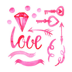 Set collection of hand drawn ink and watercolor cliparts of ribbons, flags, ball, gem, key, arrow, lettering  isolated on white background. Best for banners, wedding, adc, Valentines day