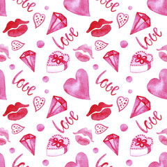 Hand drawn watercolor St Valentines Day seamless pattern with pink  hearts, lips ,gift, balls, love, gemstone on white background. Romantic design for card, wrapping, wallpaper.