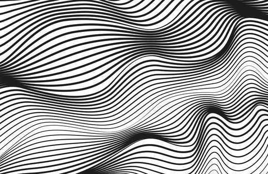 Black squiggly lines on white background. Abstract technology striped pattern. Vector modern op art design. Radio, sound wave concept. Optical illusion. Monochrome deformed surface. EPS10 illustration